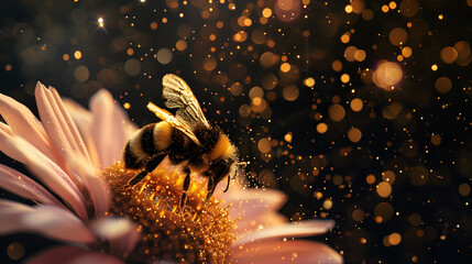  Bee gathering nectar and spreading .golden pollen - obrazy, fototapety, plakaty