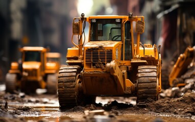 A row of yellow bulldozers stands on top of a muddy road