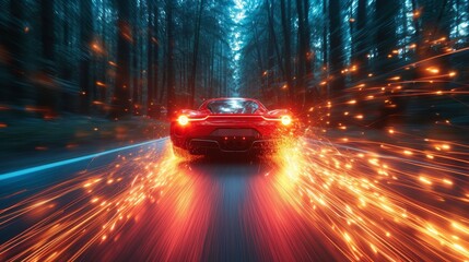   A red sports car weaves through a forest, trees densely surrounding it, as no bright lights punctuate the scene - obrazy, fototapety, plakaty
