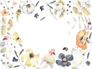 Floral frame with colorful abstract flowers, plants and insects, bumblebee, butterfly and ladybug. Watercolor isolated composition for wildlife background, nature cover or poster, for your text.