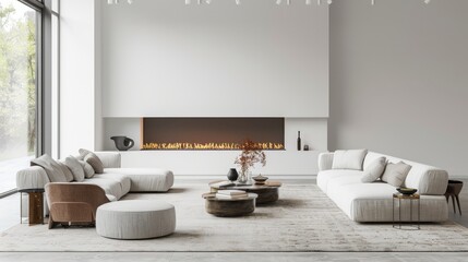 Fototapeta premium Minimalist living room interior with white walls and modern fireplace. Generative AI