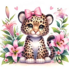 Illustrated baby leopard with a pink bow sitting among lilies, with a 'Good Morning' greeting above.	