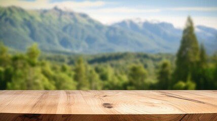 The empty wooden brown table top with blur background of New Zealand nature. Exuberant image. generative AI