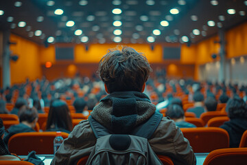 Back view of individual wearing backpack in conference hall with blurred audience seating, educational event concept.