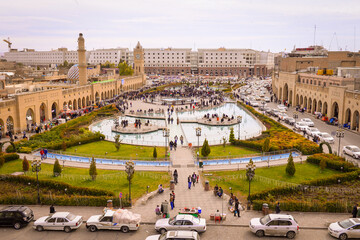 Erbil, Kurdistan, Iraq, Traffic jam ,Popular cafes, fountain, Bazar park, Erbil Governorate, Iraq,Erbil castle tower clock