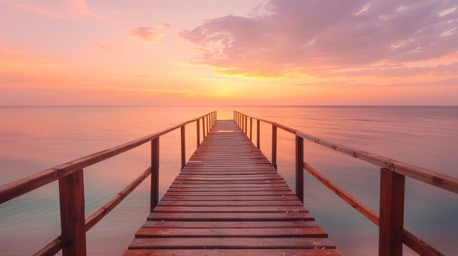 Wooden Pier Extending Into Ocean at Sunset