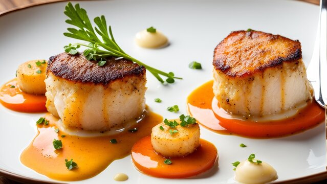 Monk fish with scallops of young carrots and ber blanc sauce