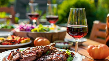 Backyard dinner table have a grilled barbecue meat, Salads and wine with happy joyful people on background - obrazy, fototapety, plakaty