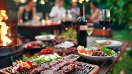 Backyard dinner table have a grilled barbecue meat, Salads and wine with happy joyful people on background - obrazy, fototapety, plakaty