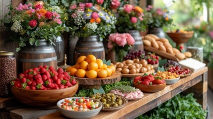   A wooden table laden with an array of fruits and vegetables, accompanied by vases brimming with flowers and additional produce