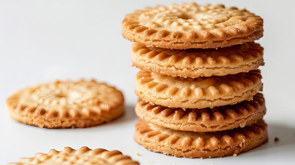 Closeup of cookies stock in column on white background. Biscuit dessert on a white background