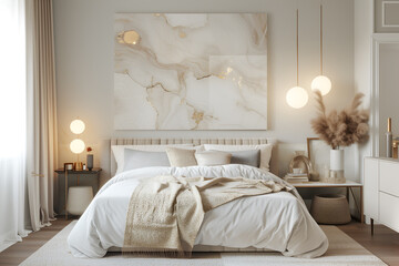 Fototapeta na wymiar Modern contemporary bedroom interior in lignt colors with a marble painting on the wall. Interior design visualization