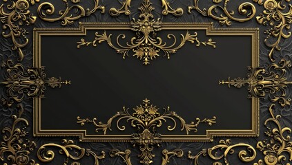 Black background with a golden decorative frame, in a rectangular shape in the middle Generative AI