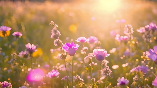 Spring flowers field meadow in sunset lights. Field of wild flowers spring colors in the wind swaying close up. Concept: nature, flowers, spring, biology, fauna, environment, ecosystem 4k