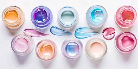 Multicolored cream eyeshadows in jars on white background, close up - obrazy, fototapety, plakaty