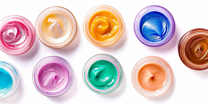 Multicolored cream eyeshadows in jars on white background, close up