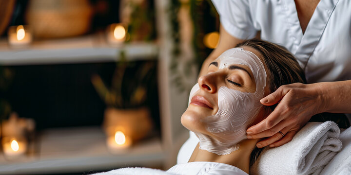 Beautiful senior woman having chemical peeling beauty treatment. The expert beautician is applying chemical solution onto woman's face.