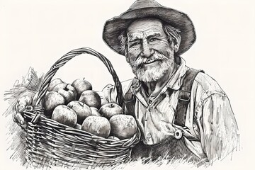 Smiling farmer with apple basket. Vintage monochrome illustration. Agriculture industry concept. Farming lifestyle, farmland. Design for banner, poster 