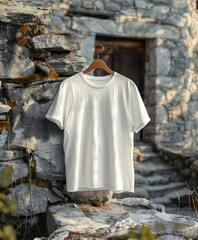 A white tshirt is hanging on a wooden hanger. The shirt is hanging on a stone wall. Template with blank organic mockup of a cotton t-shirt. Advertisement for casual biological clothing with copy space