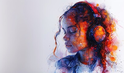 painting of a young woman with headphones listening to music - obrazy, fototapety, plakaty