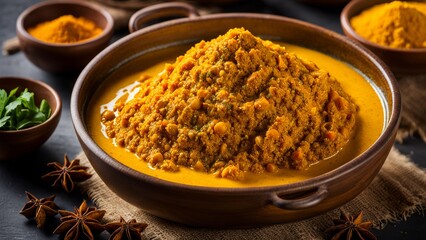 Turmeric powder, an advertising photo that conveys a bright yellow hue in the cozy light of warm kitchen lighting