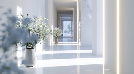 Modern, white home showcase interior corridor. 3D rendering.. Generative AI