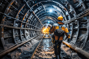 Deep Underground in Mining Shafts: Illustrate miners equipped with safety gear, navigating the narrow, dimly lit tunnels deep beneath the earth's surface