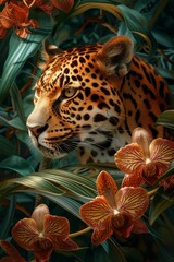  A leopard painting surrounded by tropical plants and flowers Orchids, specifically orange and red ones, in the foreground