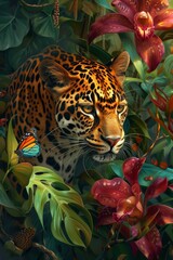   A leopard painting features a butterfly atop its nose, while flowers populate the foreground, and an additional butterfly graces that area