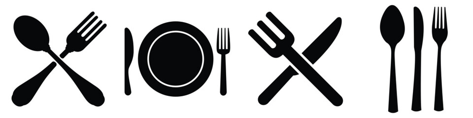 Fork, knife and plate icons set.  Dinnerservice collection. Plate, fork and knife for apps and websites. Logotype tableware. Vector illustration.