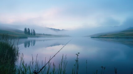 Fototapeta premium At sunrise, a fishing rod and rotating reel stand against the serene backdrop of a pier on the riverbank. Dive into the tranquility of a misty morning, a rural retreat for fishing enthusiasts