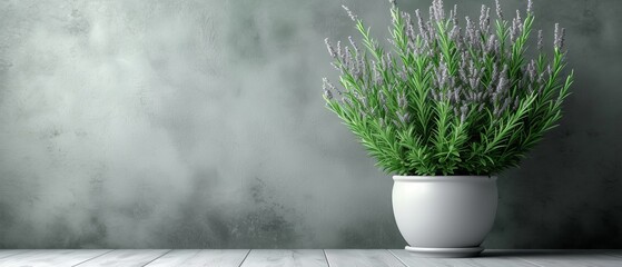  A potted plant atop a table, beside a gray wall, holds a verdant green plant - obrazy, fototapety, plakaty