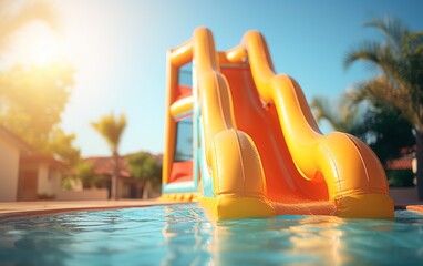 An inflatable slide is being enjoyed by swimmers in a vibrant pool setting - obrazy, fototapety, plakaty