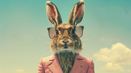 A rabbit with a pink suit and shades with the background of the sea