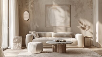 Stylish living room in beige tones with a sofa, a sconce, a wooden table, a marble side table. Generative AI