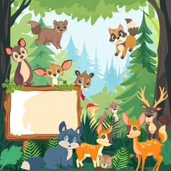 Cartoon forest animals with a welcome sign at the woodland's edge, inviting space for text