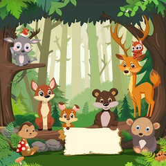 Cartoon forest animals with a welcome sign at the woodland's edge, inviting space for text