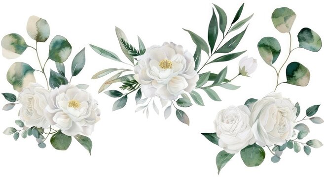 Fototapeta Watercolor Floral Illustration Set,  Bouquets and Wreaths Featuring White Flowers and Greenery