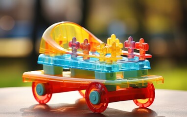 A plastic toy with a vibrant, rainbow-colored cart on top