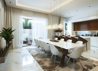 Modern dining room with a white and brown color theme, featuring a large table for dining at home
