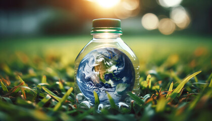 A detailed view of a small Earth contained within a plastic bottle, placed on a background of grass, highlighting natures confinement