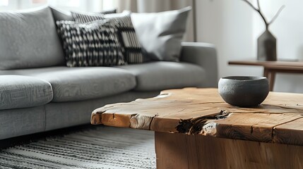 Fototapeta na wymiar Close-up of a rustic coffee table with natural wood living edges next to a grey sofa. Modern living room interior design with a minimalist aesthetic