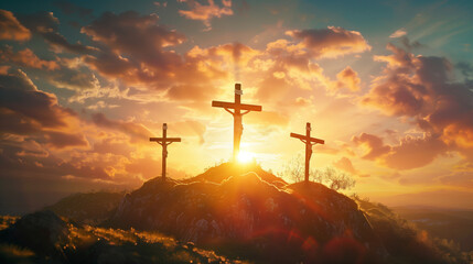 Three crosses stand on Mount Golgotha under a dramatic sunset, centralizing Jesus with thieves on each side, evoking Easter's solemnity and spiritual reflection.