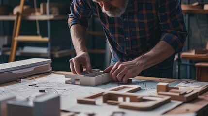 A man is working on a model of a building - obrazy, fototapety, plakaty