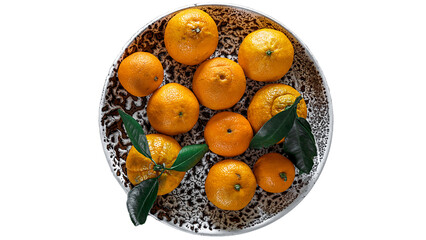 Fresh delicious Mandarin Oranges Fruit or Tangerines with green leaves in a plate. PNG Design Element. - 773355376