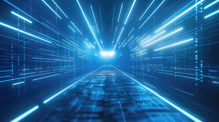 The futuristic tunnel is long and narrow, with a bright blue light shining down. Generative ai