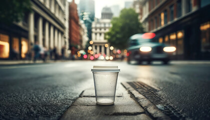 Close-up of a used plastic coffee cup lying on the pavement, blurry city street in the background - obrazy, fototapety, plakaty