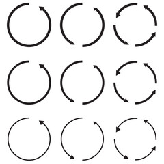 Circle arrows. Round reload or repeat icon, rotate arrow and spinning loading symbol. Circle pointer vector set. Circular rotation loading elements, redo process isolated black pictograms
