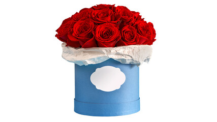 Red Roses Flowers in a blue Box. PNG Design Element. - 773356184