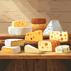 A rustic wooden table with various types of cheese
